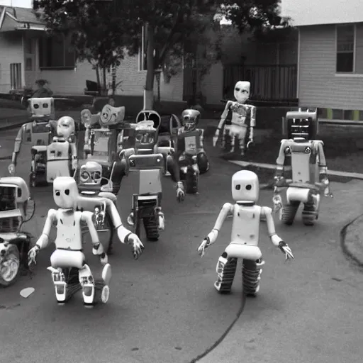 Prompt: in the style of 1960s, A scary robot is chasing after a bunch of scared kids down the street, fully detailed , fully detailed kids faces in focus