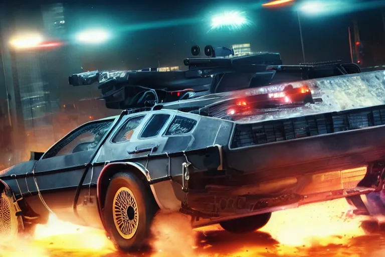 Image similar to photo of the back to the future battle combat machine gun delorean being chased by police on wet cyberpunk city streets at night, rocket league tank, mad max, action, speed, volumetric lighting, hdr, gta 5, syd mead, craig mullins, cinematic, fast and furious, octane, 8 k, iso 1 0 0, 1 2 mm