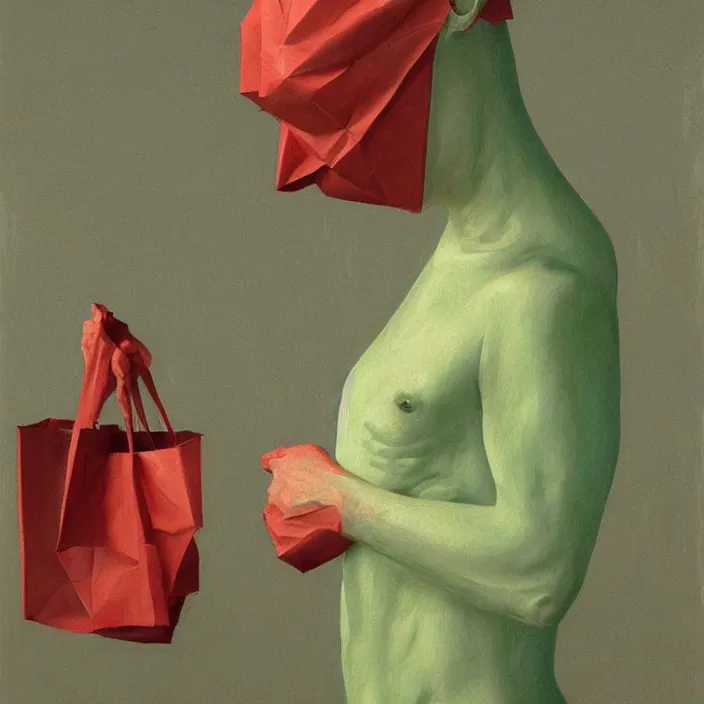 Image similar to melting portrait with a white paper bag over the head, dressed in red paper bags, holding stack of green paper bags, highly detailed, artstation, art by edward hopper, zdislav beksinski, wayne barlowe, edward hopper