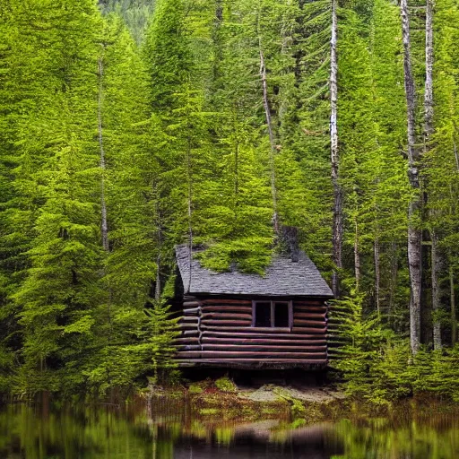 Prompt: Cabin in Canadian forest, creek, awe-inspiring, incredibly beautiful, award winning photo, 100mm lens, f2.8, low contrast