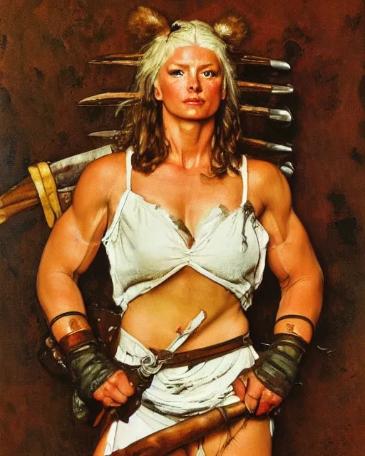 Image similar to portrait of a beautiful savage muscular barbarian female with light leather armor, by norman rockwell