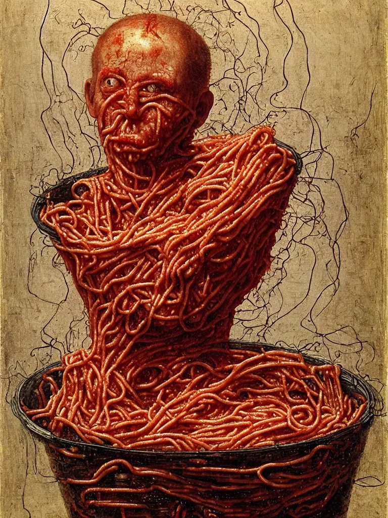 Image similar to a boy made of spaghetti sitting in a tub full of tomato sauce, looking straight into camera, screaming in desperation, by giuseppe arcimboldo and ambrosius benson, renaissance, intricate and intense oil paint, a touch of joseph cornell, beksinski and hr giger and edward munch, realistic