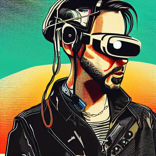 Image similar to Illustrated by Shepard Fairey and H.R. Geiger | Cyberpunk Nicolas Cage with VR helmet, surrounded by cables