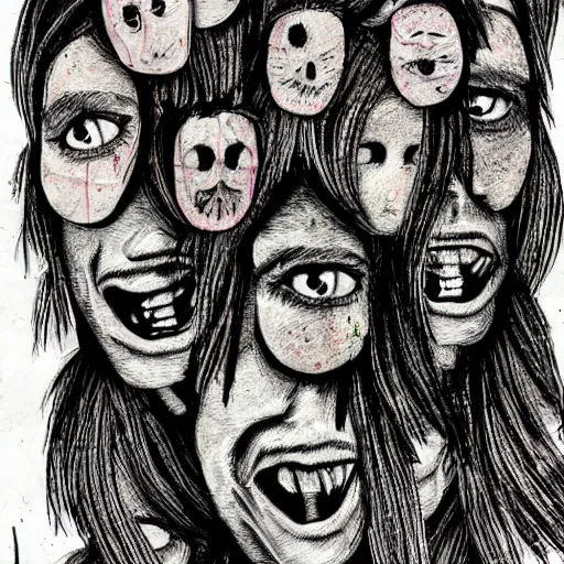 Image similar to multiple faces shredded like paper news scared, dark horror, surreal, drawing, painting,