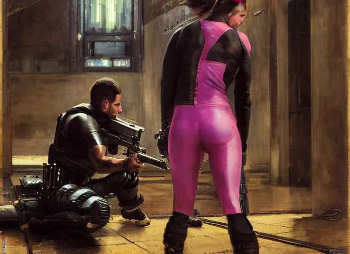 Image similar to Sara evades sgt Griggs. Athletic Cyberpunk hacker escaping Menacing Cyberpunk police trooper griggs. (dystopian, police state, Cyberpunk 2077, bladerunner 2049). Iranian orientalist portrait by john william waterhouse and Edwin Longsden Long and Theodore Ralli and Nasreddine Dinet, oil on canvas. Cinematic, vivid colors, hyper realism, realistic proportions, dramatic lighting, high detail 4k