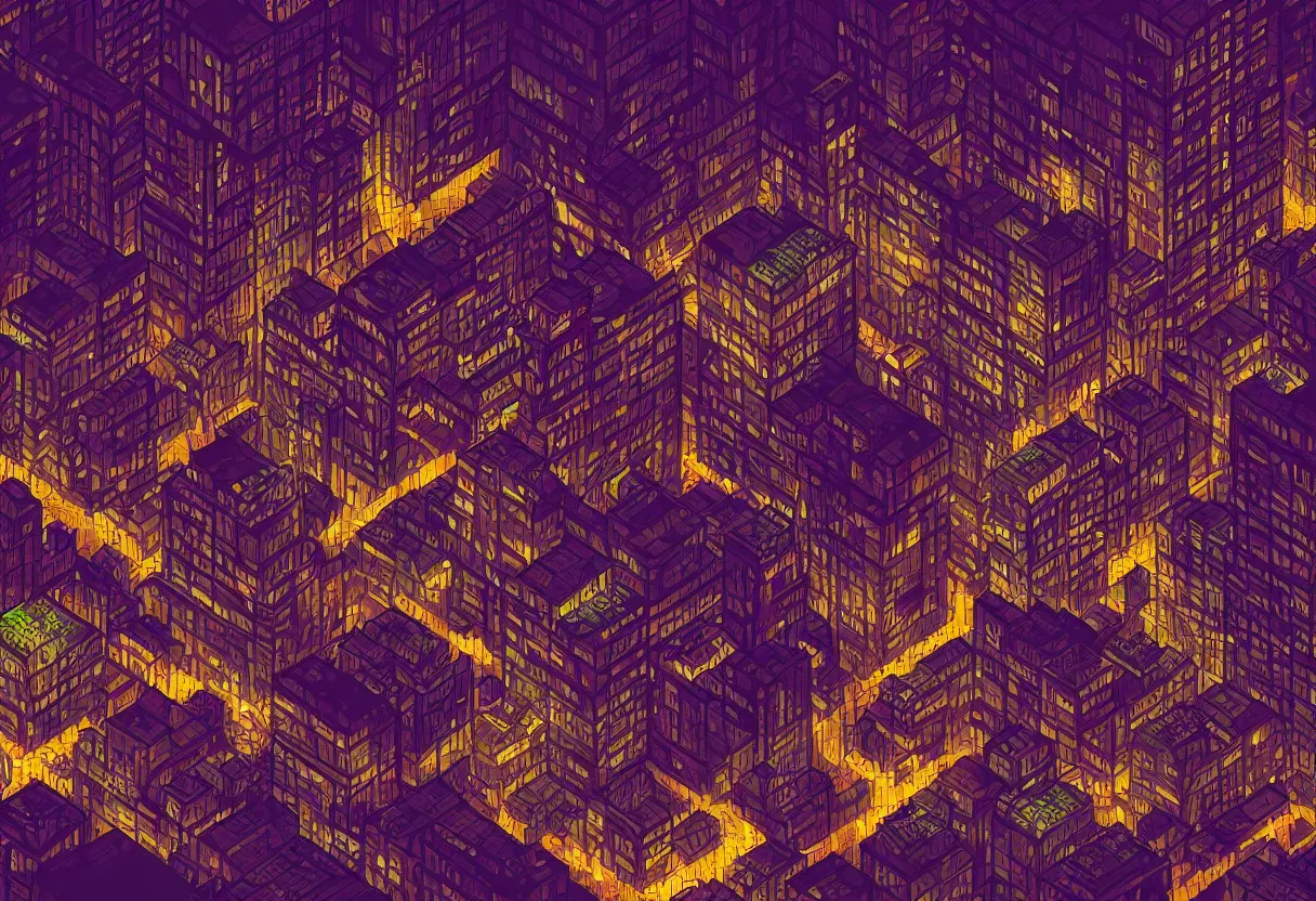 Image similar to dark city, night time, 16bits, pixel art, degradation filter, compression, low saturation, crushed colors , chromatic aberration, 2D, flat