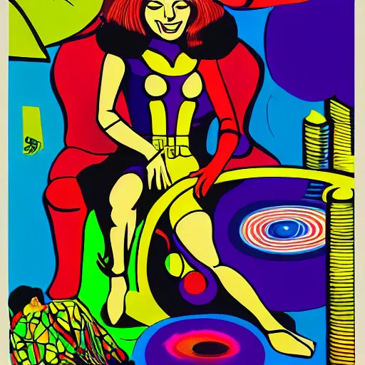 Prompt: a painting of a person sitting on a table, a silk screen by jack kirby, behance, psychedelic art, marvel comics, poster art, psychedelic