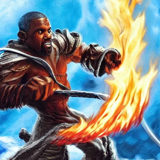 Prompt: burning balrog from lord of the rings whipping kanye west who is wielding a little sword riding a pony