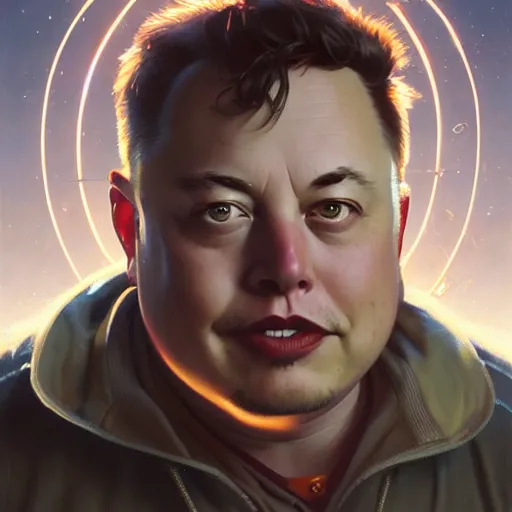 Image similar to Highly detailed portrait of obese Elon Musk, unreal engine, fantasy art by Greg Rutkowski, Loish, Rhads, ferdinand knab, Makoto Shinkai and Lois van baarle, ilya kuvshinov, rossdraws, Tom Bagshaw, alphonse mucha, global illumination, radiant light, detailed and intricate environment