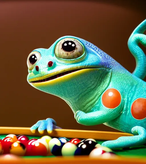 Prompt: very beautiful portrait of an extremely cute and adorable chameleon playing pool, smooth, perfect face, fantasy, character design by mark ryden and pixar and hayao miyazaki, sharp focus, concept art, harvest fall vibrancy, intricate detail, cinematic lighting, hyperrealistic, 3 5 mm, diorama macro photography, 8 k, 4 k