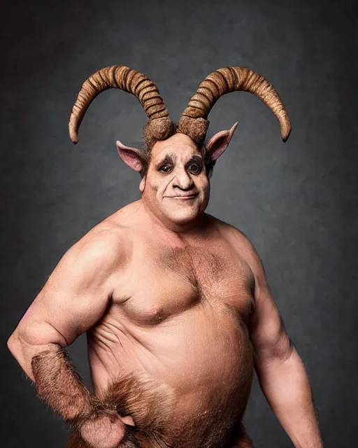 Image similar to actor Danny Devito in Elaborate Pan Satyr Goat Man Makeup as the character Phil for Disney’s Live Action Hercules movie, prosthetics designed by Rick Baker, Hyperreal, Head Shots Photographed in the Style of Annie Leibovitz, Studio Lighting