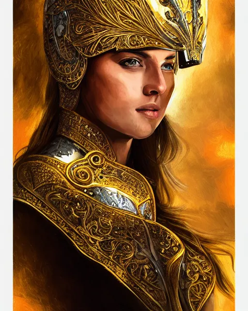 Prompt: gouache portrait of woman in shining golden armor, high production value, intricate details, high resolution, hdr, high definition, masterpiece, realistic, ultrarealistic, highly detailed, hd, sharp focus, non blurry, sharp, smooth