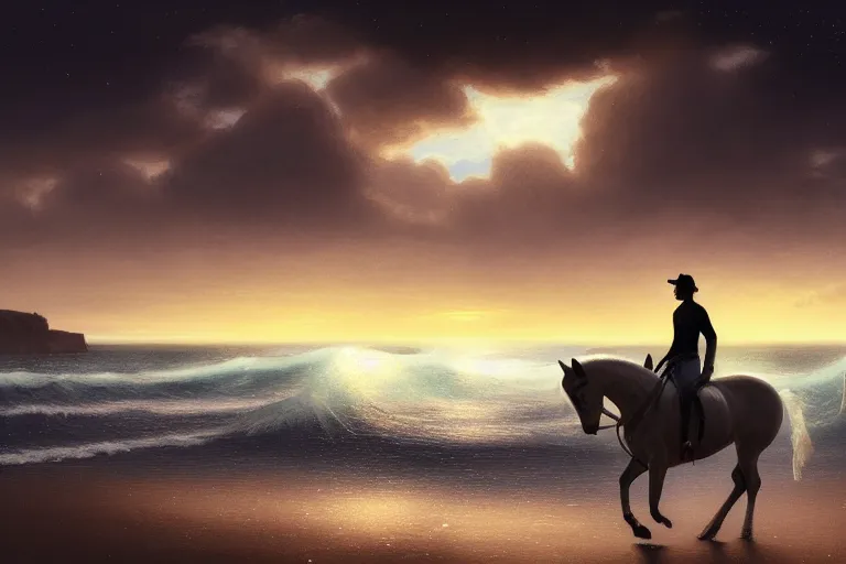 Image similar to photo of man riding a horse along the beach, glowing underwater waves toward a lighthouse in the distance guiding his way, silhouette, wide horizon, large white clouds, night, intricate, elegant, highly detailed, digital painting, artstation, concept art, smooth, sharp focus, illustration, art by artgerm and greg rutkowski and fra angelico