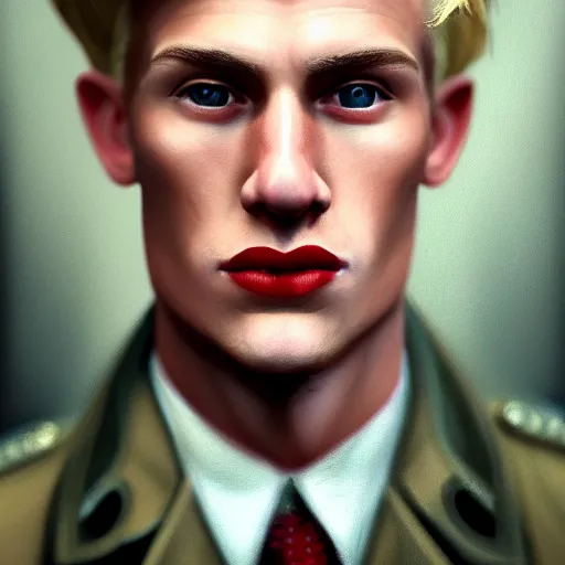 Image similar to A Hearts of Iron IV portrait of a blond young English male actor with high cheekbones. Good bone structure. Dressed in 1940s style. Highly detailed, fine Art, high detail, great lighting, 8k resolution, masterpiece, concept art, illustration, clear eyes, painting oil on canvas, octane render, HDR, trending on artstation, 4k, 8k, HD