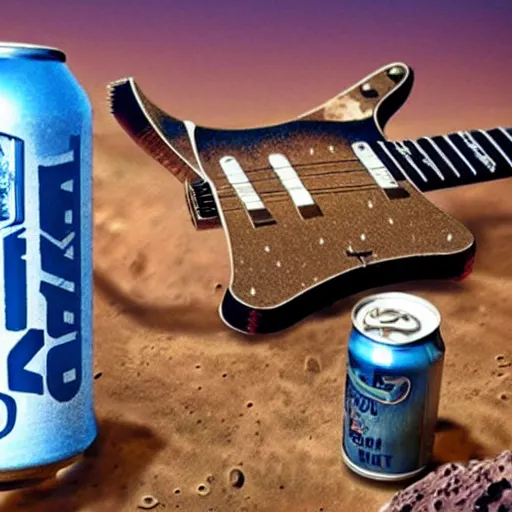 Prompt: a detailed, realistic, idle, regular sized electric guitar next to a detailed, realistic, idle, regular sized beer can on the moon. detailed photo. realistic photo