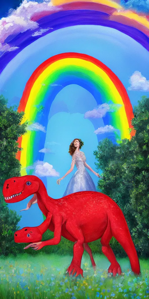 Prompt: oil painting of a dinosaur wearing a wedding dress, rainbow in background, flower field, atmospheric, beautiful, cinematic, detailed, fullbody portrait, 4 k, 8 k