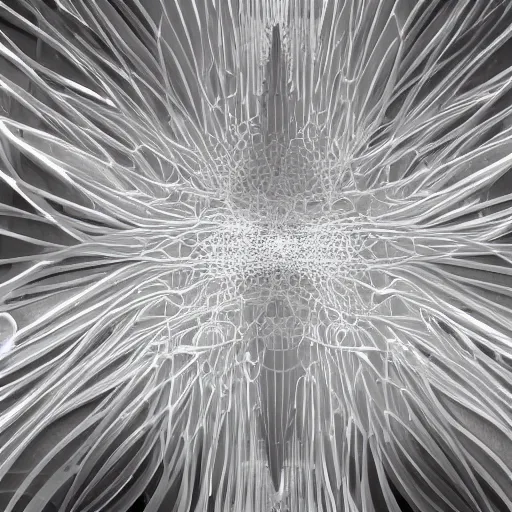 Image similar to awe elegant symetrical highly sophisticated highly intricated generative flow fields curve ornate network translucent wood sagrada familia ceiling continuous landscape flow, dezeen, backlit, zaha hadid, hyper realistic pastel light gray dark gray and white, ultra detailed, parametric architecture, 8k, epic cinematic detailed, 3D