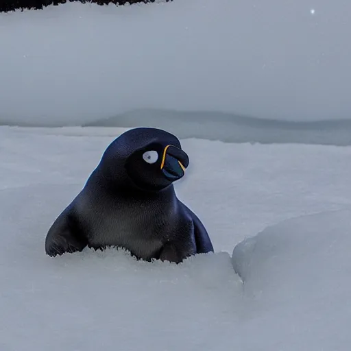 Image similar to hyperrealistic photo of pingu in real life, arctic wildlife photographer's picture, extremely detailed, impressive shading, polar bears in the beakground