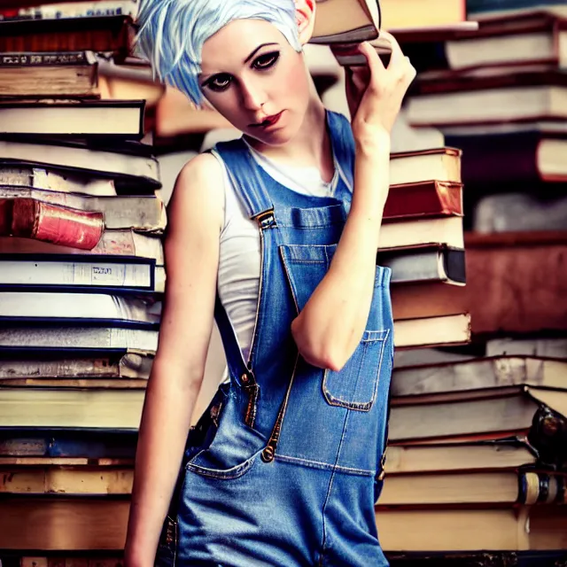 Prompt: full body pose, beautiful adult library fairy, dirty, grungy, grunge, white hair pixie cut, overalls, stacks of giant books, highly detailed, 4 k, hdr, smooth, sharp focus, high resolution, award - winning photo, artgerm, photorealistic