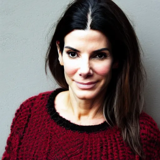 Prompt: a hand knit wool sweater with a sandra bullock face pattern