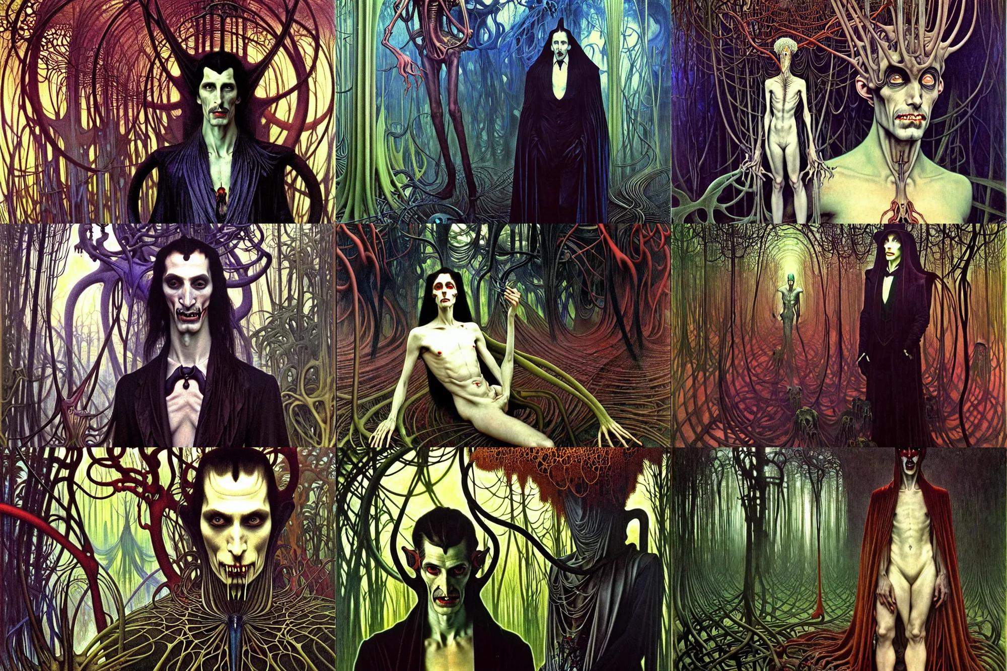 Prompt: realistic extremely detailed portrait painting of an elegantly creepy vampire man dressed as dracula, futuristic sci-fi forest on background by Jean Delville, Amano, Caravaggio, Yves Tanguy, Alphonse Mucha, Ernst Haeckel, Edward Robert Hughes, Roger Dean, rich moody colours