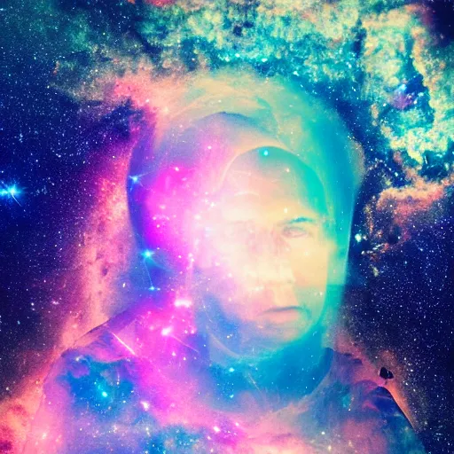 Image similar to modern double exposure monochrome spacesuit over a brilliant iridescent nebula. orange, pink, purple color ombre.