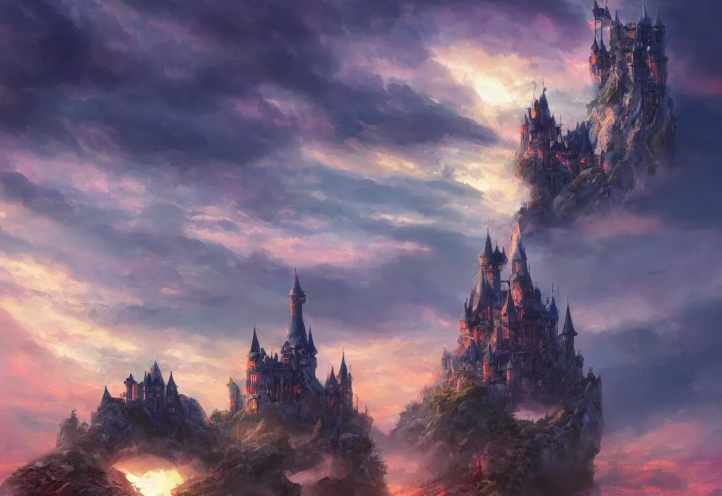 Prompt: a magical castle on the clouds, sunset, epic, trendy on artstation, concept art