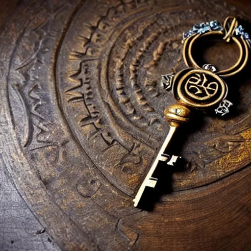 Image similar to a large ornate key with gems and engraved runes, next to a candle on a rough wooden dungeon table, very dark, candlelig, d & d, photo