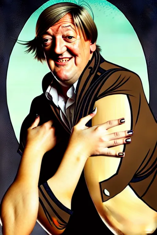 Image similar to stephen fry winking his left eye at the camera, in the style of art by artgerm and greg rutkowski and alphonse mucha