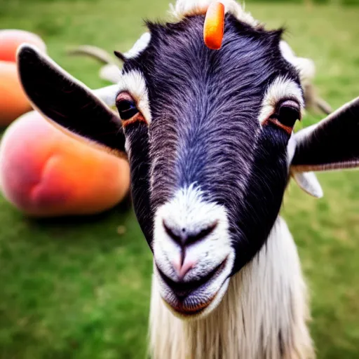 Image similar to a goat with peaches stuck on its horns, 8 k, 4 k, professional photography, award winning photo