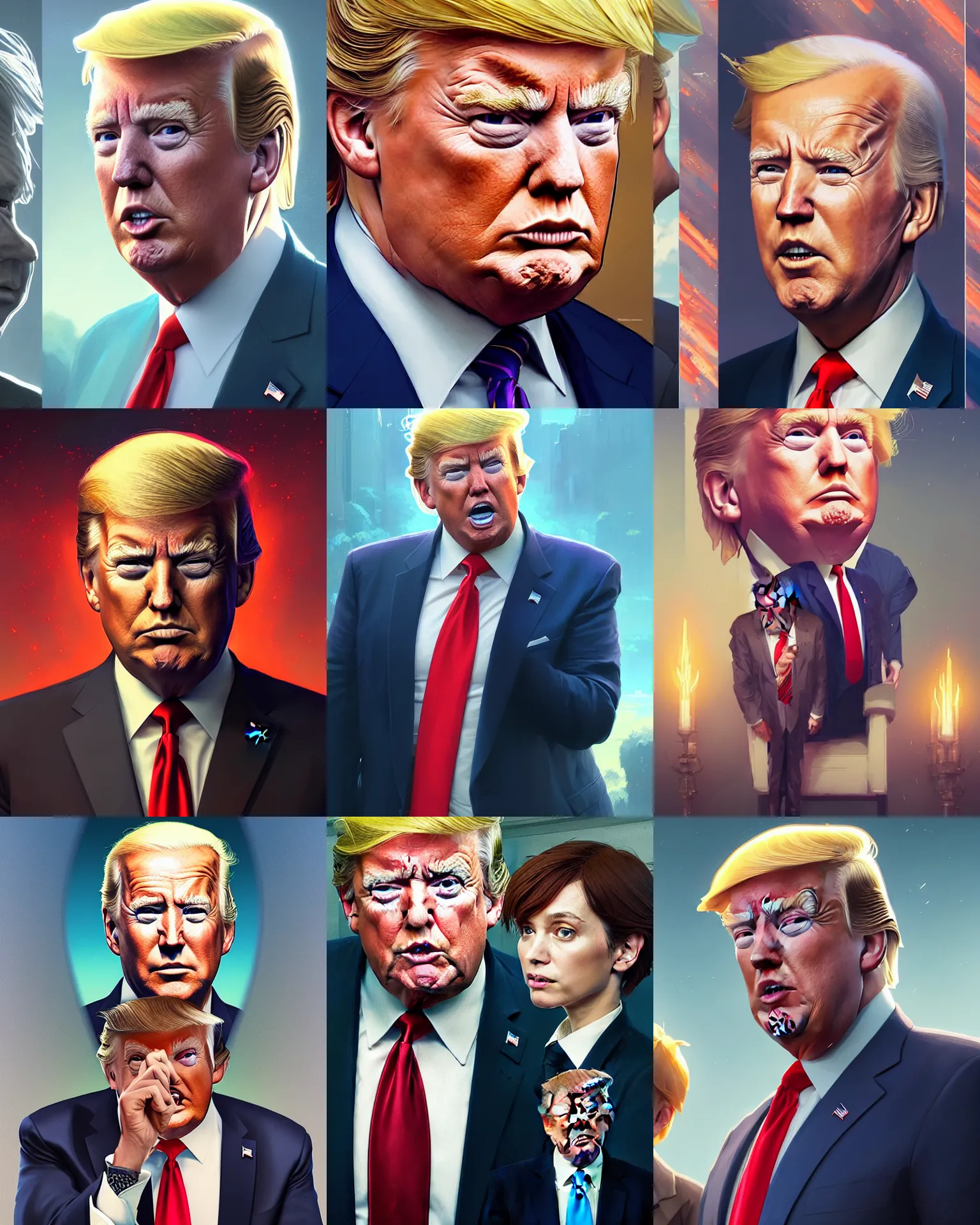 Prompt: highly detailed portrait of donald trump mixed with joe biden, stephen bliss, unreal engine, greg rutkowski, loish, rhads, beeple, makoto shinkai and lois van baarle, ilya kuvshinov, rossdraws, tom bagshaw, alphonse mucha, global illumination, detailed and intricate environment