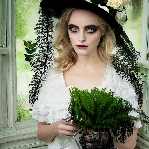 Image similar to big eyes full body fashion model margot robie smokey eyes makeup eye shadow textured film grain fantasy, glow, shimmer as victorian woman in a long white frilly lace dress and a large white hat having tea in a sunroom filled with flowers, roses and lush fern flowers ,intricate, night, highly detailed, dramatic lighting , high quality