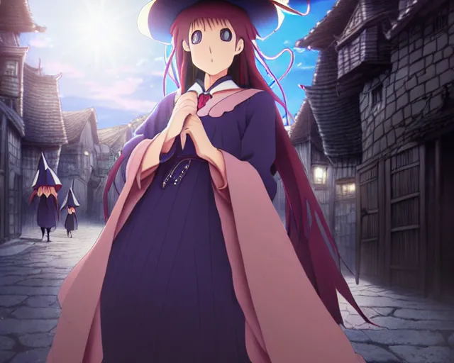 Prompt: ( ( majo no tabitabi ) ), kyoani key anime visual portrait of a young female witch walking through a busy medieval village, dynamic pose, dynamic perspective, cinematic, dramatic lighting, detailed silhouette, anime proportions, perfect anime face ( murata range )