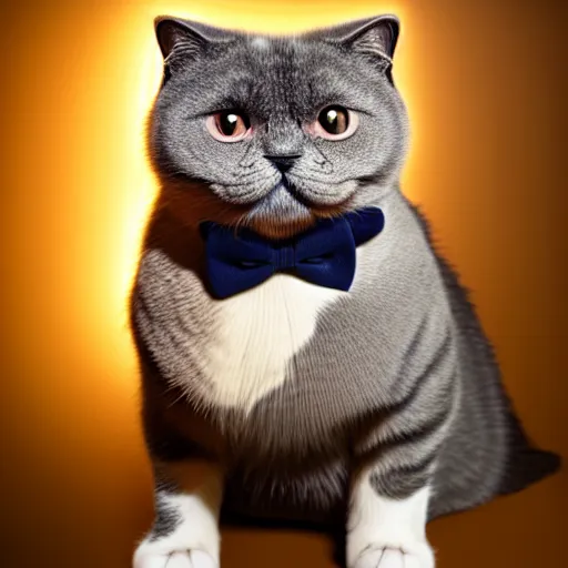 Prompt: a cute chubby Scottish fold cat with bow tie portrait, partially clothed in metal-plated battle armor, face centred, atmospheric lighting, painted, intricate, volumetric lighting, beautiful, golden hour, sharp focus, ultra detailed, by Leesha Hannigan, Ross Tran, Thierry Doizon, Kai Carpenter, Ignacio Fernández Ríos