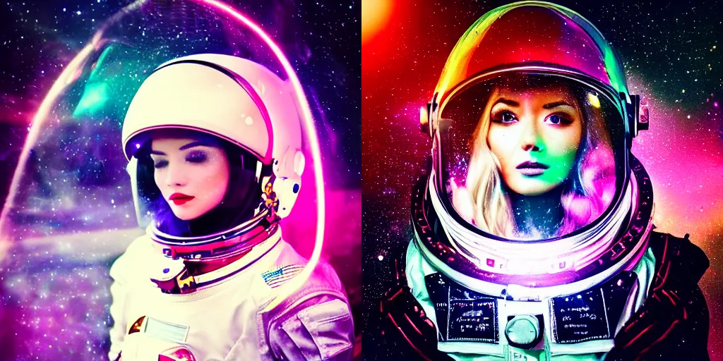 Prompt: asthetic! astronaut with helmet medium shot portrait female beautifu in spaceship, by brandon woelfel.