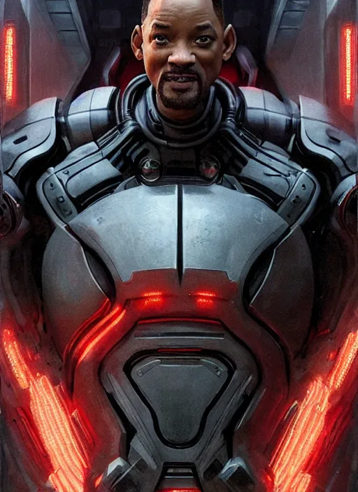 Image similar to will smith as victor stone, full body concept, cyborg, borg, strogg, face of a man, terminator, flesh, quake strogg, doom demon, wolfenstein, monstrous, powerful, symmetry, symmetrical, concept art by ruan jia and greg rutkowski