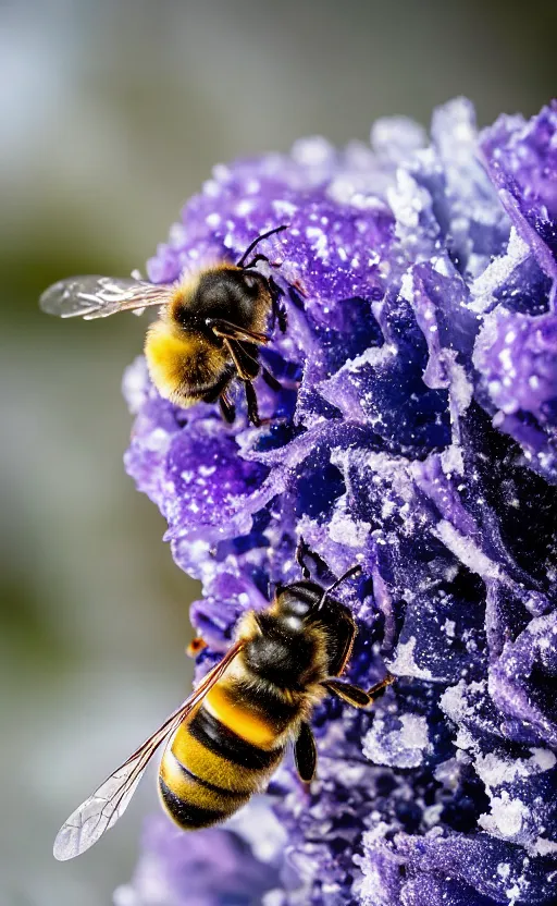 Image similar to a bee finding a beautiful flower, both entrapped in ice, only snow in the background, beautiful macro photography, ambient light