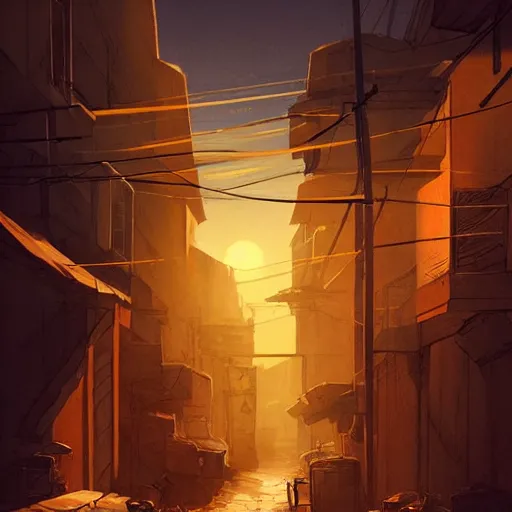 Image similar to A dirty alleyway at sunset, dramatic lighting, illustration by Rossdraws, professional portfolio, 4k, digital art, concept art, golden hour, trending on artstation