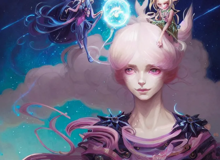 Image similar to close up picture of an maximalist dress magical girl, neat hair with bangs, slightly smiling, extremely beautiful and aesthetic and detailed cute face and eyes, wipe out evils with cute astronaut familiar sprites, aming the magical beams, chiaroscuro, intricate, masterpiece, fantasy illustrations by peter mohrbacher and anato finnstark and jeremy lipking