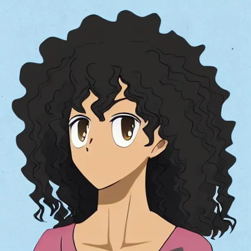 Image similar to A brown skinned woman with black curly hair as an anime character