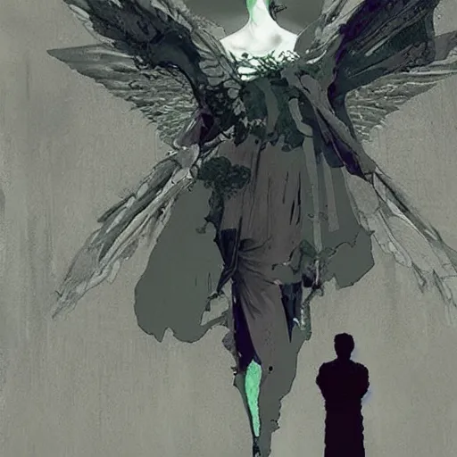 Image similar to a digital angel made of source code protects the gate to exit the simulation, matte painting by dave mckean, esao andrews and yoji shinkawa