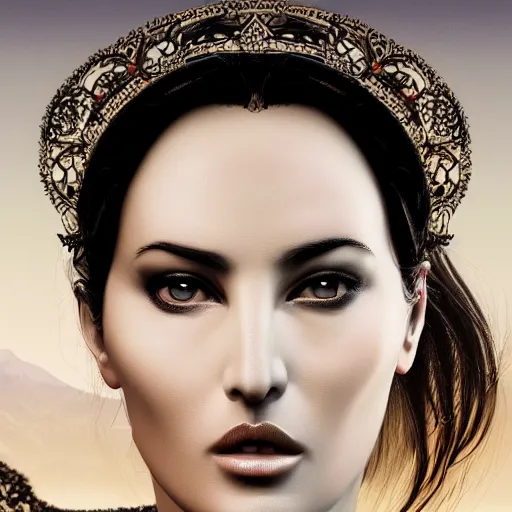 Prompt: A digital masterpiece illustration concept art of giant porcelain statue of a very beautiful Monica Bellucci, beautiful eyes, symmetrical face, symmetrical body, taiga landscape + inspired art by mark brooks + Extremely detailed and intricate complexity + epic composition, magical atmosphere, cinematic lighting + wide long shot, wide angle + trending on artstation + 8k