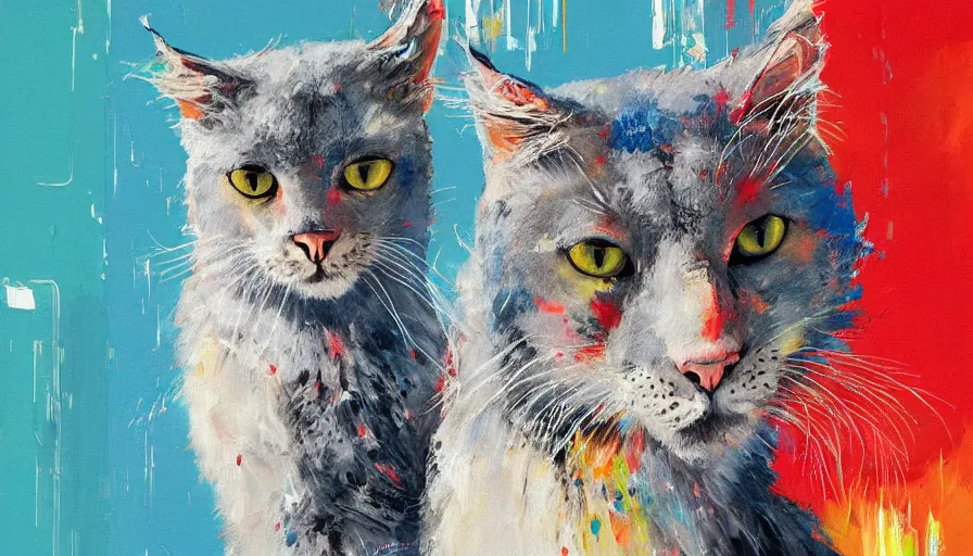 Image similar to contemporary semi abstract acrylic painting of really tall cats by cath kidston, by greg rutkowski, kessler art, thick brush strokes and visible paint layers, multicolor color scheme