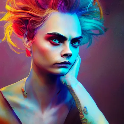 Image similar to cara delevingne, full body portrait colorful oil painting by android jones, john jean, yuumei, yanjun cheng, unreal 5, daz, hyperrealistic, octane render, rpg portrait, dynamic lighting, fantasy art, beautiful face