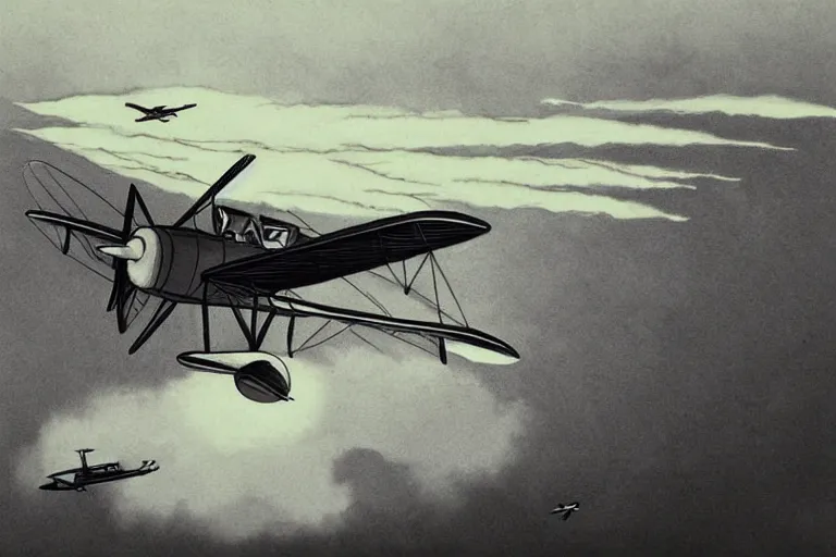 Image similar to black and white cat flying biplane over a tropical archipelago, morning sunrise, clouds, beautiful, studio ghibli, art by hayao miyazaki, makoto shinkai