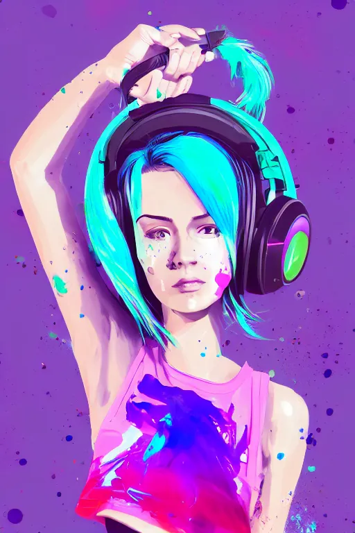 Image similar to a award winning half body portrait of a beautiful woman in a croptop and cargo pants with ombre purple pink teal hairstyle with head in motion and hair flying listenin to music on headphones by wlop, paint splatter, outrun, vaporware, shaded flat illustration, digital art, trending on artstation, highly detailed, fine detail, intricate