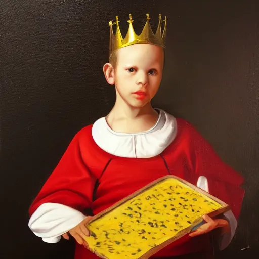 Image similar to a highly detailed oil painting of an 8 year old king ruling a cheese kingdom where everything is made from different types of cheese, surreal, 4 k, trending on art station, in the style of caravaggio and comic book style