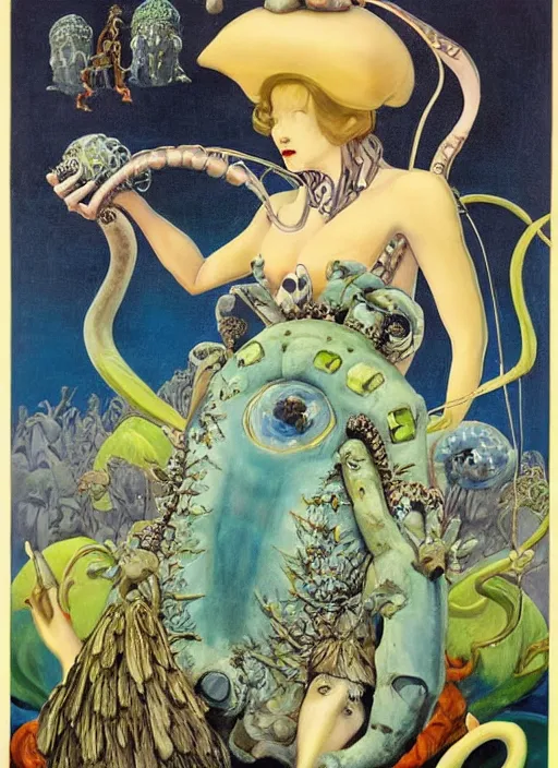 Image similar to a queen on top of a giant tardigrade retro japanese monster slimy leather, oil painting, 7 0 s vintage art, by georgia o keeffe, by kay nielsen, by gustave dore, by frank frazetta, nausicaa