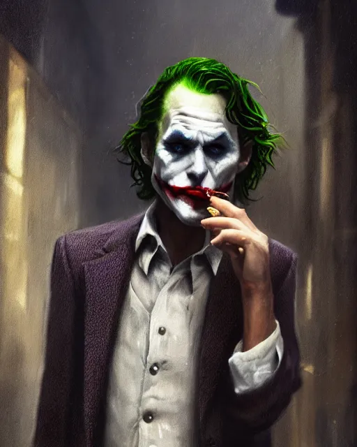 Image similar to oil painting of the joker holding a smoking pipe, detective clothes, close shot, full body, dark london alley background, sharp focus, fantasy style, octane render, volumetric lighting, 8k high definition, by greg rutkowski, highly detailed, trending on art Station, dungeons and dragons artwork, centered