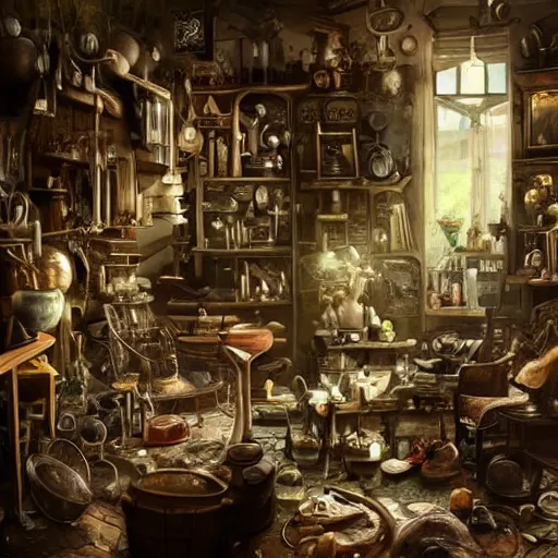 Image similar to weird interior full of stuff, chaotic ambiance, living room of a mad alchemist